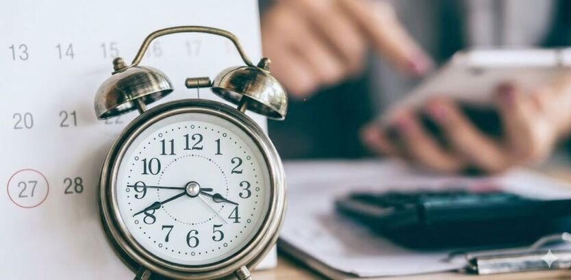 An alarm clock on a desk with a calendar and a student planning their work in the background.