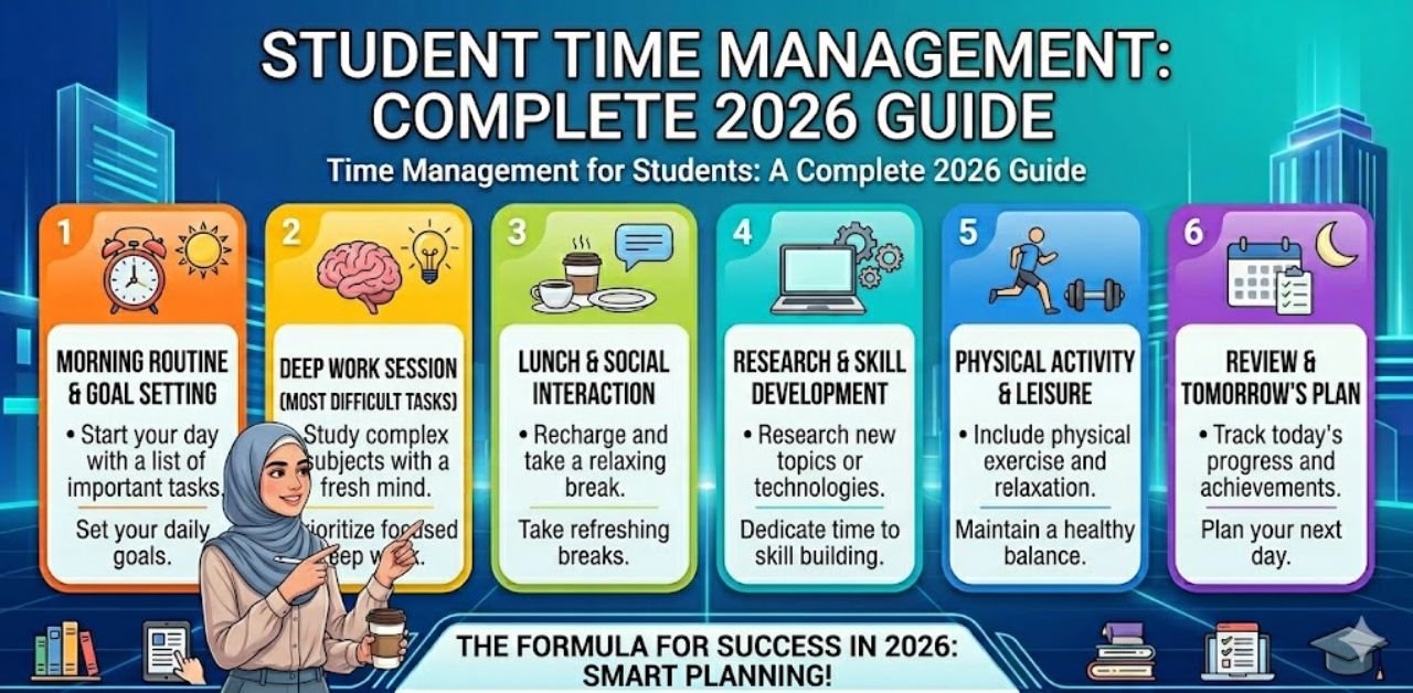 A 6-step infographic for student time management in 2026 featuring a female student and daily planning blocks.