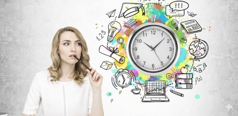A thoughtful female student looking at a large clock surrounded by colorful educational icons and sketches, representing effective time management for students.