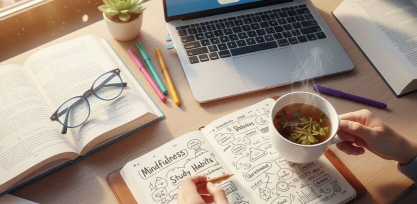 A clean study desk with a laptop, books, and a cup of tea, representing student mental wellness and organized study habits.
