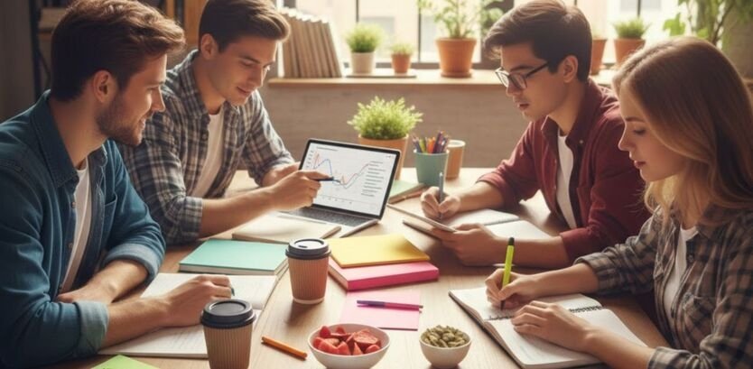 Students practicing effective time management for students using planners and digital tools.