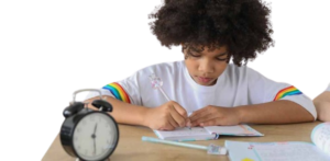 A focused student studying with books and a clock, illustrating the Pomodoro study technique