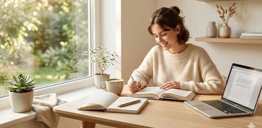 A photorealistic image of a young student comfortably seated at a minimal desk with a laptop and notebook, studying calmly with soft natural light.