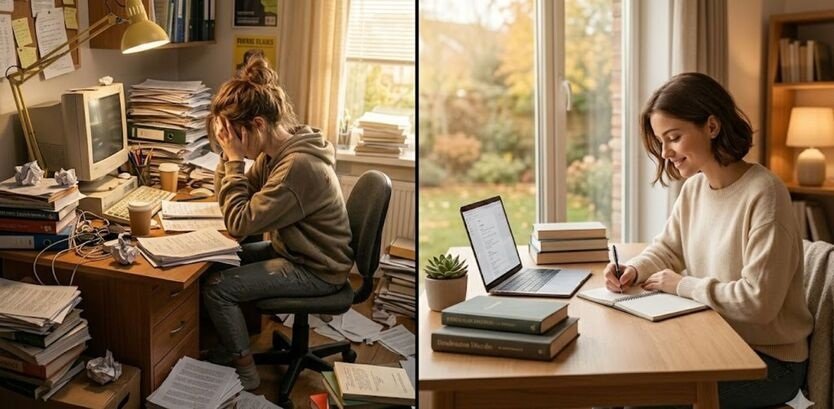 A comparison of a messy, stressful desk versus a clean, organized study space to help students learn without pressure.