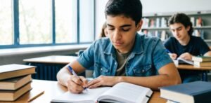 Scene: A focused student studying at a clean desk with soft natural sunlight coming through the window. The student looks calm and relaxed. Books, notebook, and laptop neatly placed. Light glow around the head symbolizing focus and clarity.