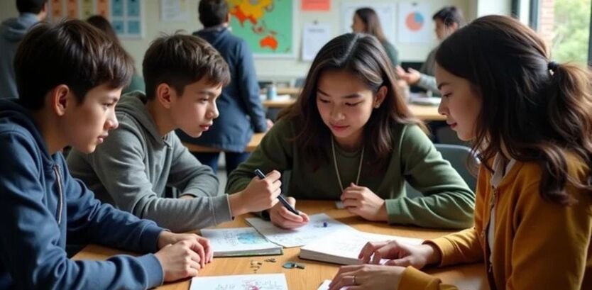 A high-quality photo of a small, diverse group of elementary students collaborating quietly at a low wooden table. They are working together respectfully on a nature-based art project using soft colors and natural materials. The classroom environment is peaceful, neat, and softly lit with natural sunlight, filled with indoor plants and organized shelves. The children look happy and focused.