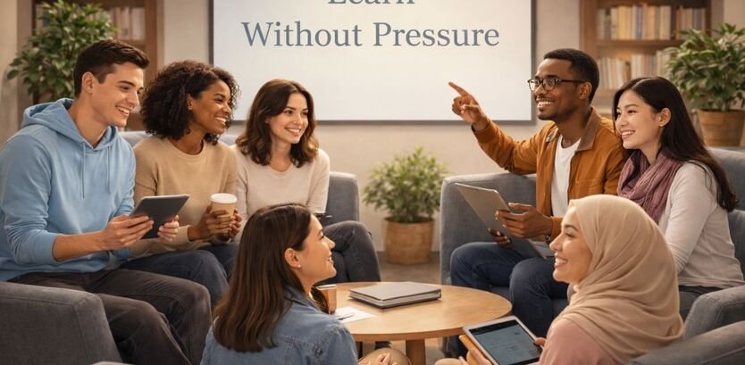 “Diverse students collaborating in a calm classroom environment with digital screen displaying Learn Without Pressure concept”