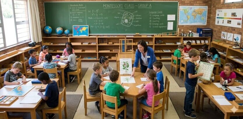 "A clear daily schedule board on a classroom wall with simple icons for activities. The room is organized, brightly lit with natural light, and has a peaceful, stress-free atmosphere. Photorealistic style,