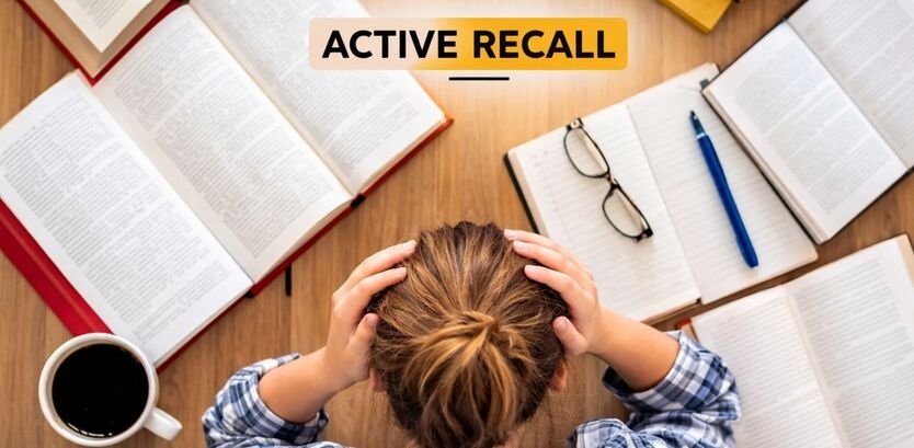 Student using active recall study method with open books on desk to improve memory and learning.