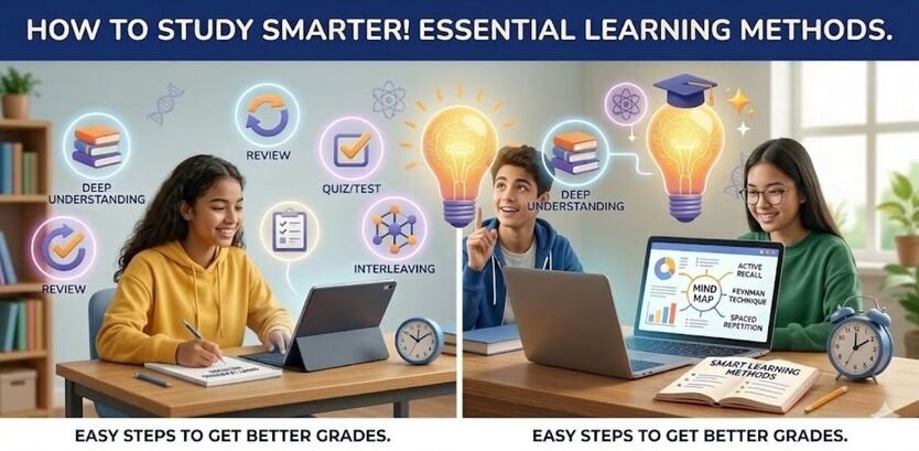 A teenage boy using a laptop and notebook to practice smart learning methods like active recall, spaced repetition, and mind mapping.