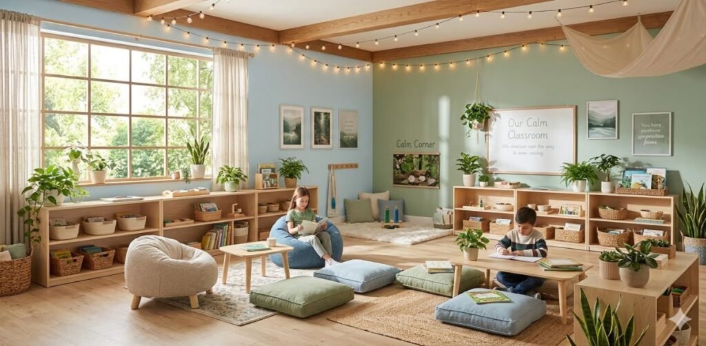 The scene is a peaceful classroom with soft natural sunlight, light green and beige walls, and indoor plants. Show an organized space with a cozy 'calm corner' that has soft pillows and a small rug. The atmosphere should feel stress-free, quiet, and perfect for students to focus