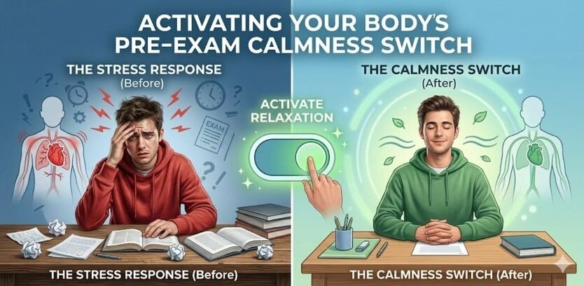 An infographic titled Activating Your Body’s Pre-Exam Calmness Switch comparing a stressed student to a calm, focused student.