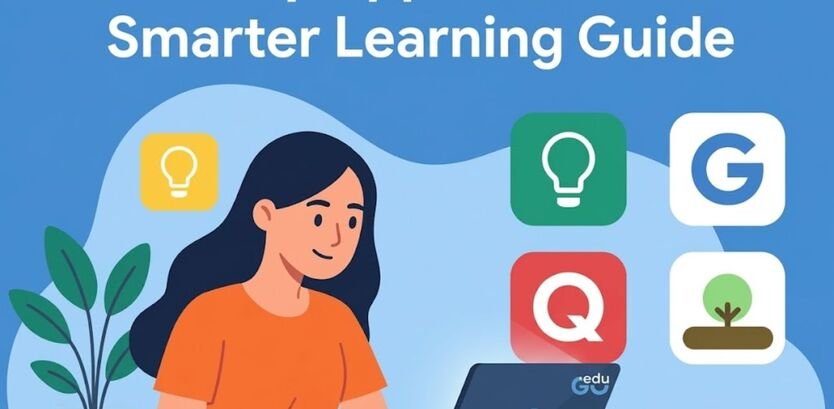 Girl with laptop and a grid of popular study apps icons like Google and Forest.