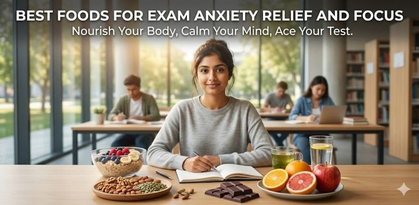 Healthy brain foods like nuts and fruits on a study desk for exam anxiety relief