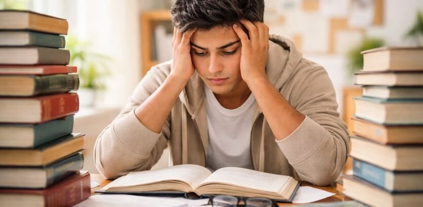 "Stressed student studying with books around, feeling overwhelmed during study time, bright lighting and focused learning environment."