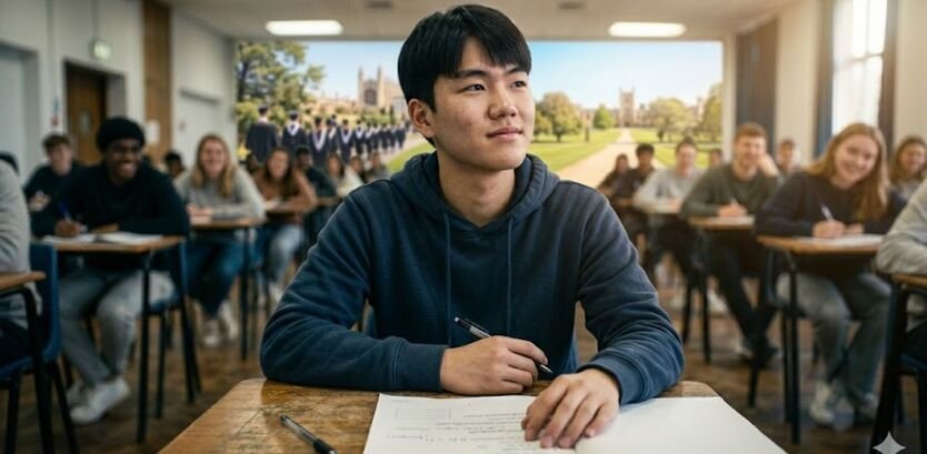 A professional 16:9 cinematic photography shot of a smart South Asian male student sitting at an exam desk. He is looking away from his paper with a calm, confident, and visionary expression