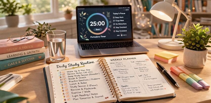 A clean and peaceful study setup with a daily planner, Pomodoro timer, and zero distractions. Small steps every day lead to big success