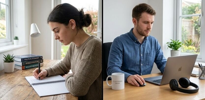 A split photo of a girl studying in a notebook and a man working on a laptop in a clean room.