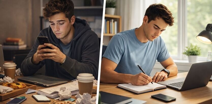 deep focus method vs distraction comparison showing focused study and distracted work environment