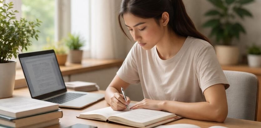 “Focused student studying on a clean desk with laptop, books and phone away in a distraction-free environment with natural light.”