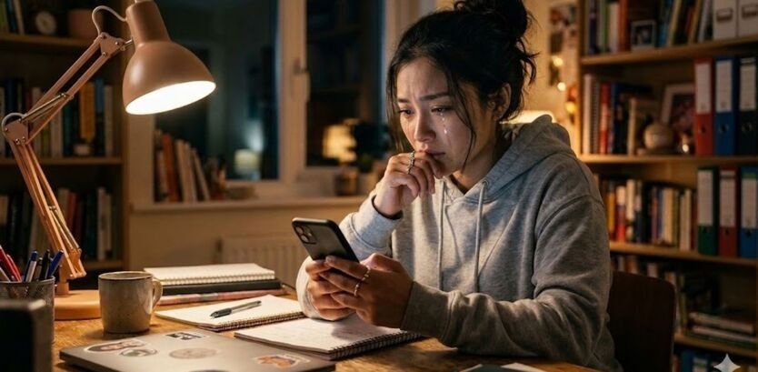 young woman crying while looking at her phone at a study desk with a laptop and books late at night.