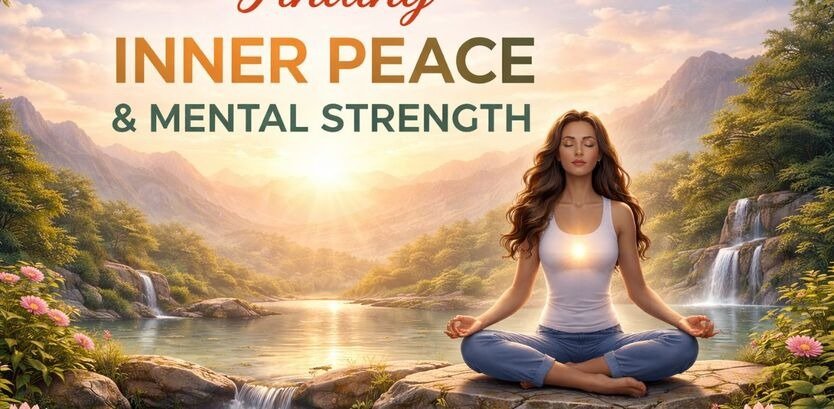 A peaceful woman meditating on a rock in a natural landscape with mountains, water, and soft sunrise light, representing inner peace and mental strengt