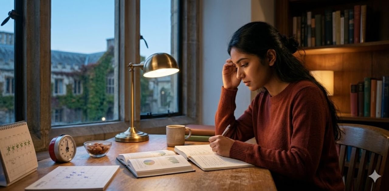 female student studying at night to maintain study motivation during exams