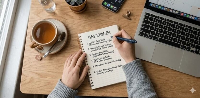 "A student writing a Plan B strategy in a notebook on a wooden desk with a laptop and tea