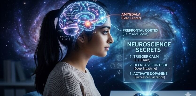 A young student with a glowing brain diagram showing Neuroscience Secrets for Exam Stress Management and brain focus hacks.