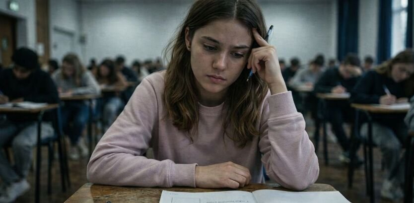 A stressed female student sitting in an exam hall, holding a pen and looking worried while attempting her test, surrounded by other students in a classroom environment.