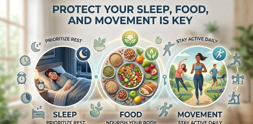 Agar aap is infographic ko apne social media ya website ke liye Plain Text format mein chahte hain, toh yeh rahe mukhtalif options:Option 1: Professional & Informative
Title: The Foundation of Holistic Health
Text: "To achieve peak productivity and mental clarity, you must protect the three pillars of wellness:

Sleep: Prioritize rest to restore your energy.

Food: Nourish your body with healthy, balanced diets.

Movement: Stay active daily to boost your vitality.
Consistency in these three areas is the key to a better life."