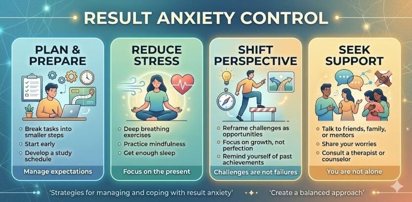 Infographic showing four pillars of Result Anxiety Control: Plan, Reduce Stress, Shift Perspective, and Seek Support.