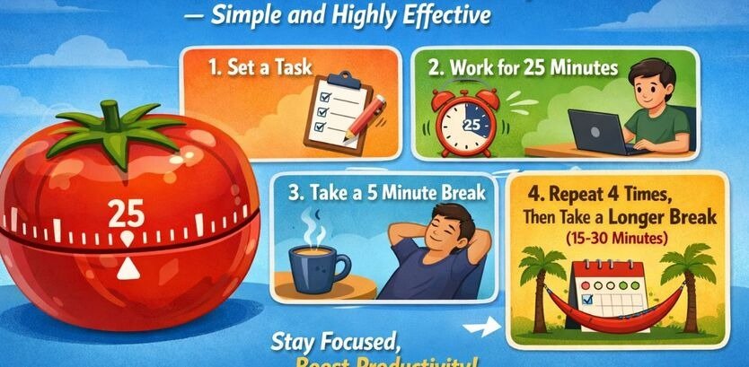 "A digital infographic showing the Pomodoro Technique, featuring a large red tomato timer set to 25 minutes, a student working at a desk with a laptop, a cup of coffee, and a checklist. Include four clear steps: 1) Set a task, 2) Work for 25 minutes, 3) Take a 5-minute break, 4) Repeat 4 times then take a longer break. Bright, colorful, cartoonish yet realistic style, minimal background, text overlay: '