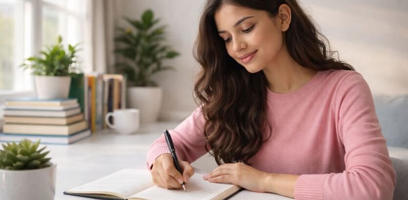 A focused female student sitting at a clean study desk, writing in a notebook with a calm and confident expression, soft natural light coming from a window, neatly arranged books and plants in the background, modern cozy room, realistic skin texture, candid photography style, shallow depth of field,  