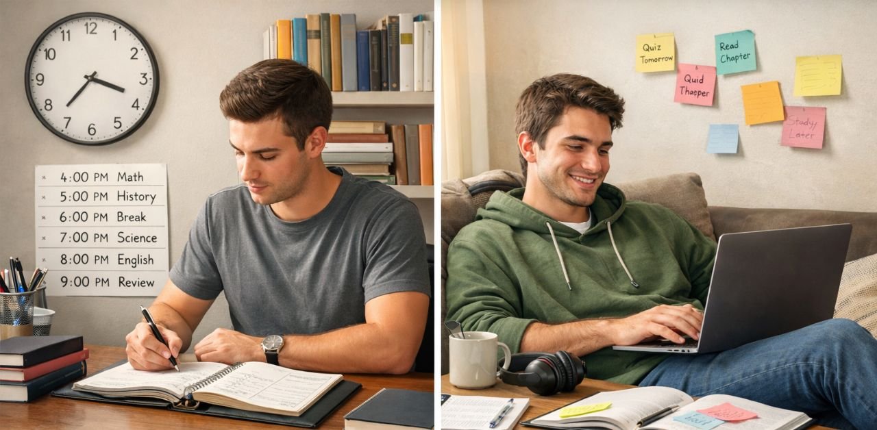 Two students comparing fixed and flexible study schedules in different study environments.