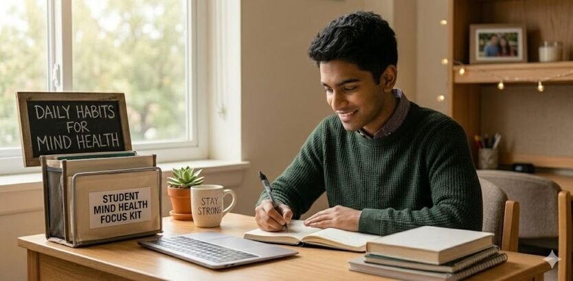 A focused student sitting at a desk with a 'Student Mind Health Kit' to improve focus and reduce stress.