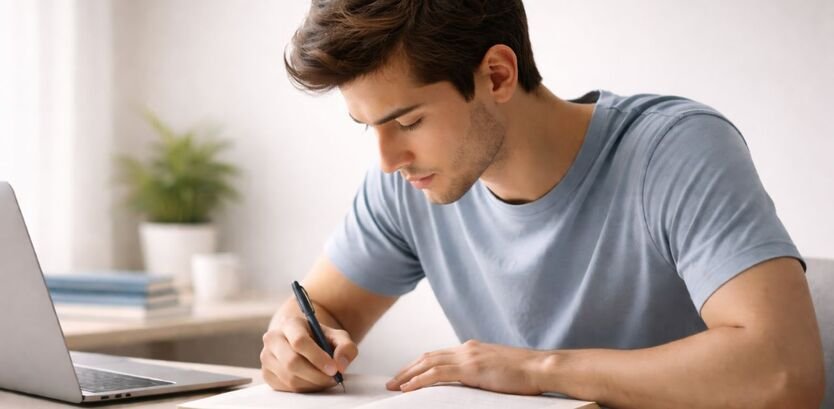 “A highly focused person studying at a clean and minimal desk, writing in a notebook with full concentration, distraction-free environment with soft natural lighting, representing deep focus and productivity.”