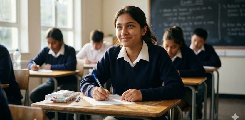 A real photorealistic South Asian female student in a blue sweater smiling while writing her paper using Exam Day Tips.