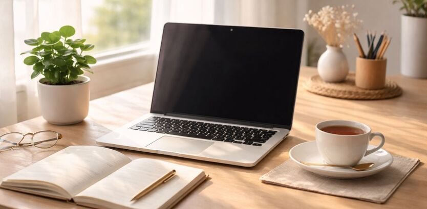 “Minimalist workspace with a man using a laptop, writing in a notebook, enjoying tea in a calm and productive environment.”