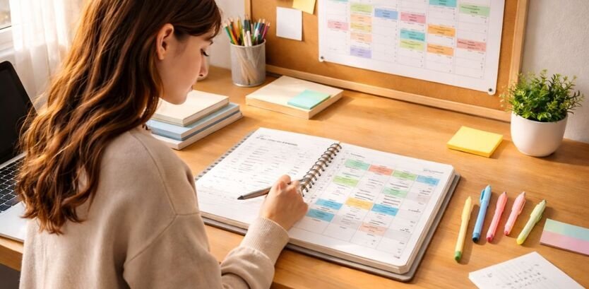 Student creating a study schedule in a planner at an organized desk with laptop and calendar for better time management