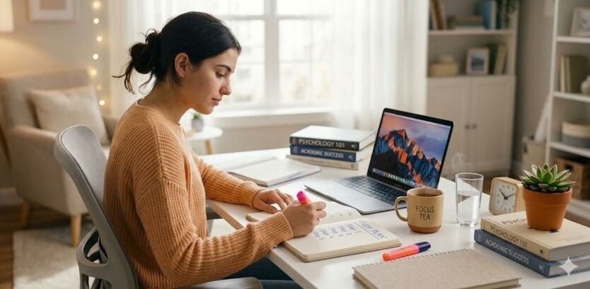 A female student sitting at a clean white desk, writing a daily study routine with steps in a notebook.