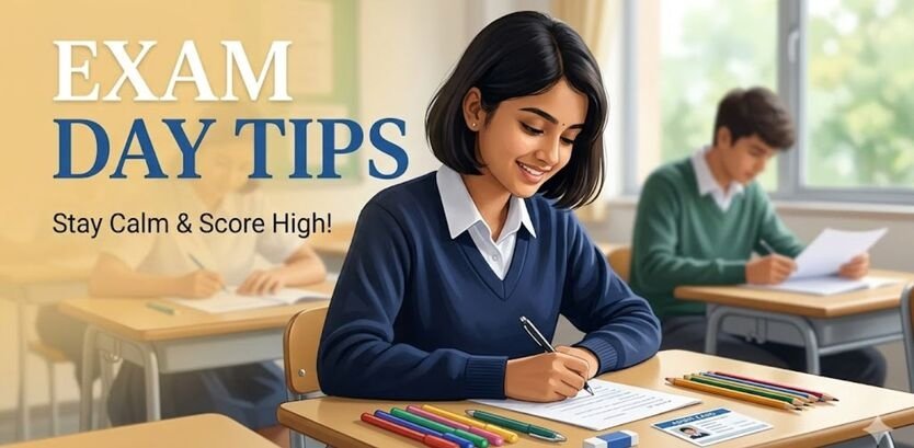 A calm student successfully using Exam Day Tips while writing a paper in a quiet classroom.