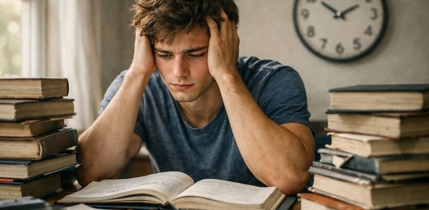 A stressed student sitting at a cluttered desk full of books, holding his head with both hands, showing mild anxiety on his face. Natural light coming from a window on the side, soft shadows, a simple wall clock in the background