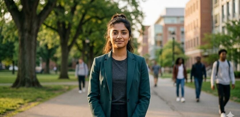 A confident young student standing on a college campus for confidence building journey.