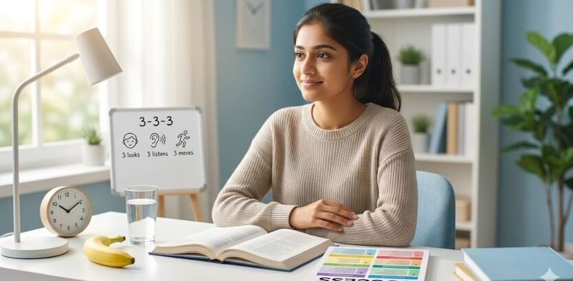 A calm student practicing Exam Stress Management techniques with the 3-3-3 rule in a bright study room