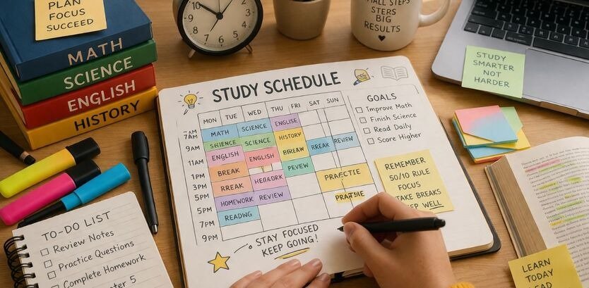 “Student creating a colorful study schedule planner with books, notes, and stationery on a desk”