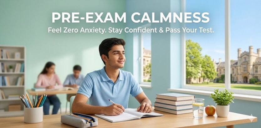 Student practicing pre-exam calmness techniques at a study desk