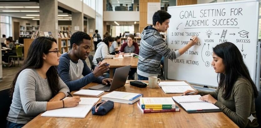 students planning academic goals on a whiteboard for success