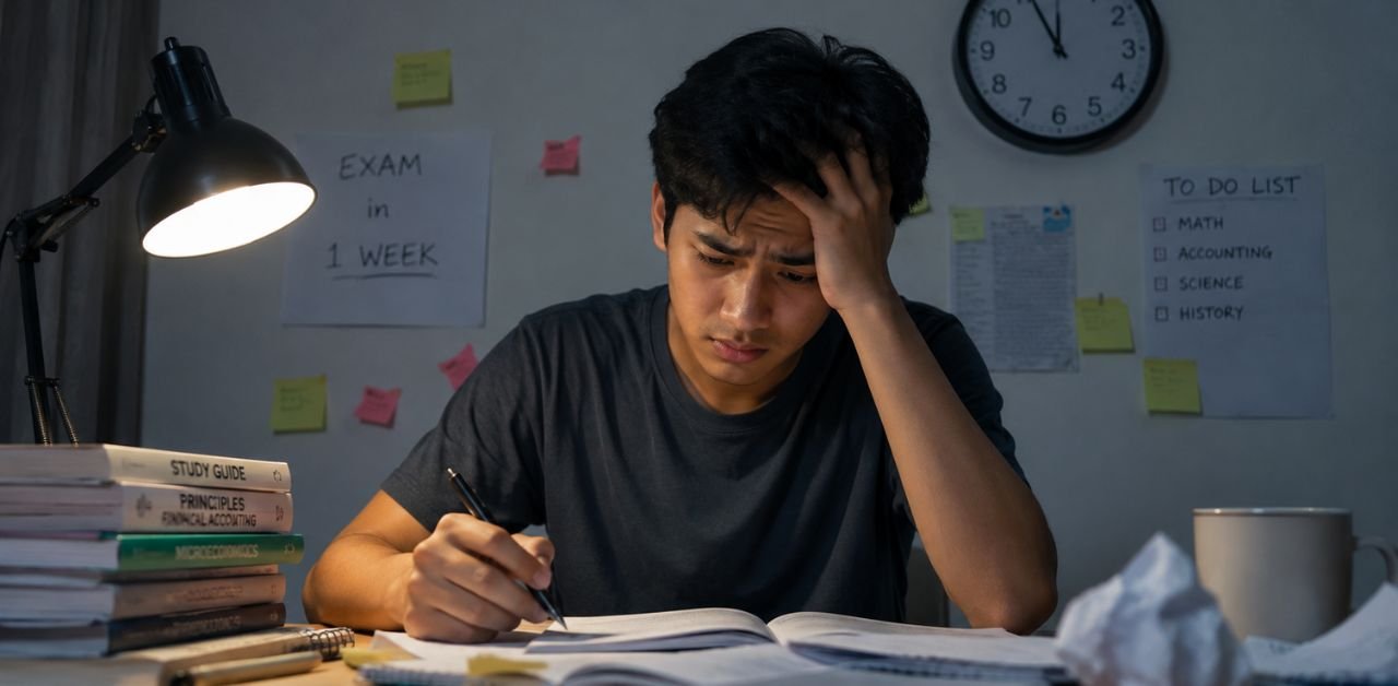 Stressed teenage student studying late at night with books and notes while feeling exam pressure and fear of failure.