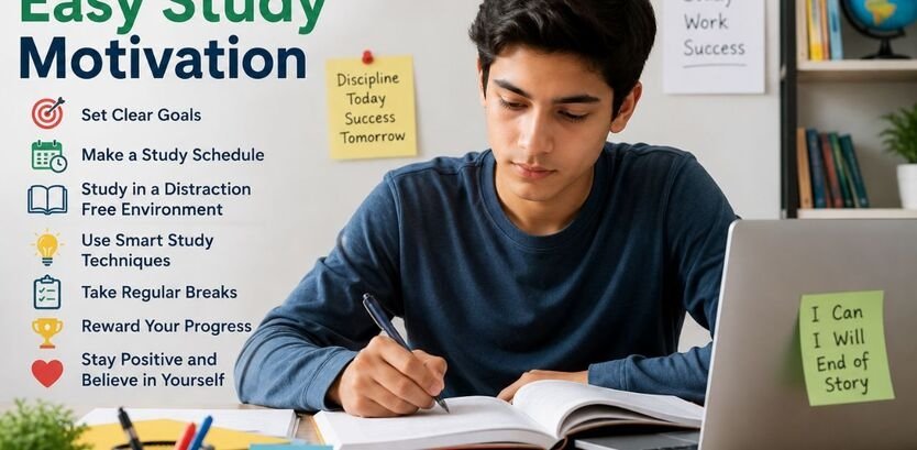 Focused teenage student studying at a desk with motivational notes, books, and laptop in a bright organized room.